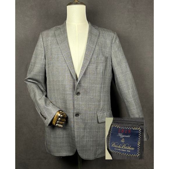 Brooks Brothers Blazer Jacket 42 Grey Windowpane Fitzgerald 1818 Saxxon USA Wool
